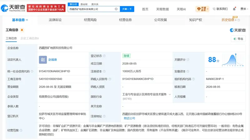 西部矿业等在西藏成立新公司 注册资本1亿元