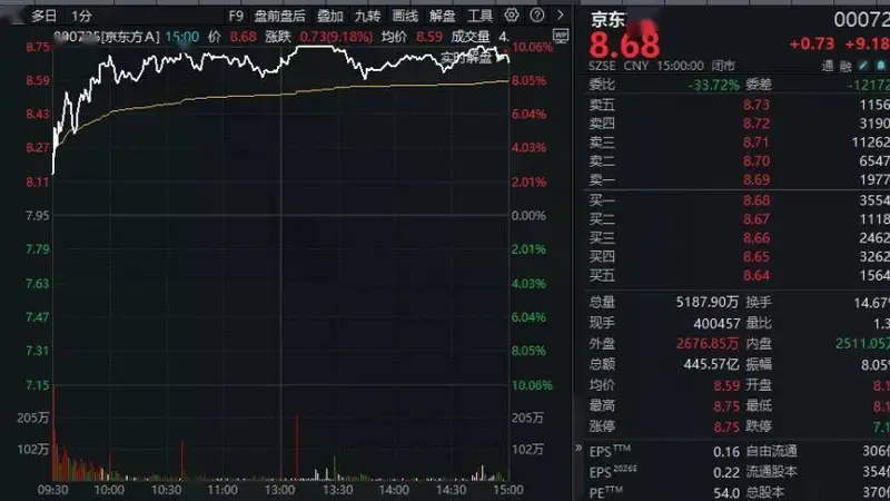 一个多月股价翻倍!000725,收官日拿下第一