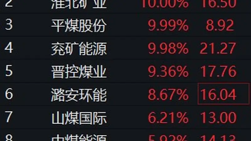 板块异动 | 煤炭板块大幅上涨 昊华能源等多股涨停