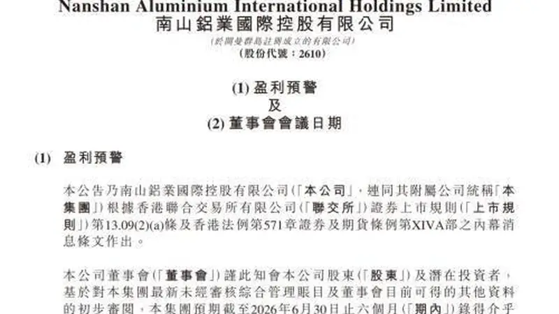 大幅下滑!南山铝业国际上半年预减1.8亿至1.9亿美元