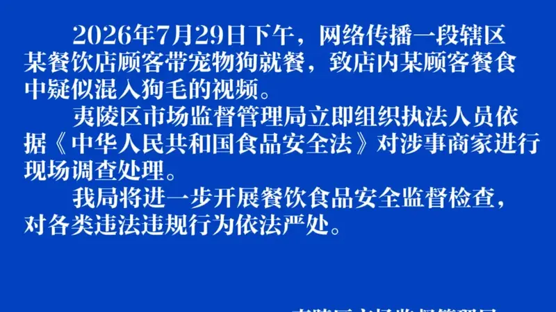 顾客餐食中疑似混入狗毛?湖北宜昌通报