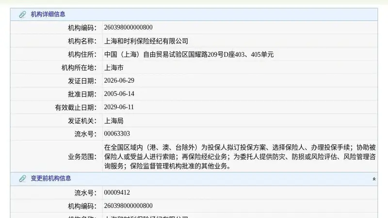 上海和时利保险经纪有限公司换发保险中介许可证,发证日期2026年6月29日