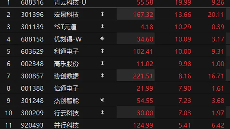 算力概念表现活跃 青云科技20cm涨停