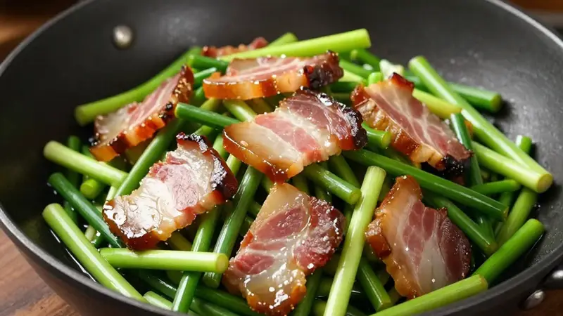 比腊肉炒蒜苗更清爽的搭配?腊肉炒蒜苔,一口脆嫩一口香